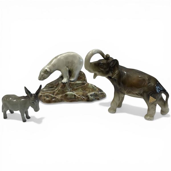 3 Glazed Ceramic Animals (Royal Dux 6" Elephant, Burslem 3" Donkey, & 4.5" English Polar Bear)