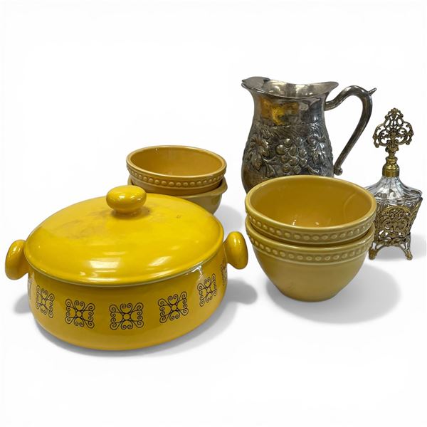 Vintage Casserole Dish, Silver Plated Pitcher, Perfume, and Assorted Ceramic Bowls