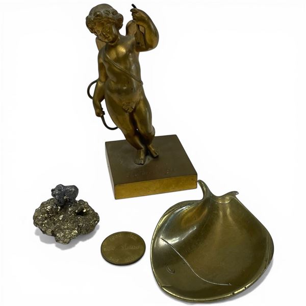 Group of 4 Brass & Pyrite Collectibles (6" Brass Cupid Dated 1866, 4" Brass Whale Coin Dish, Palm Sp