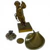 Image 1 : Group of 4 Brass & Pyrite Collectibles (6" Brass Cupid Dated 1866, 4" Brass Whale Coin Dish, Palm Sp