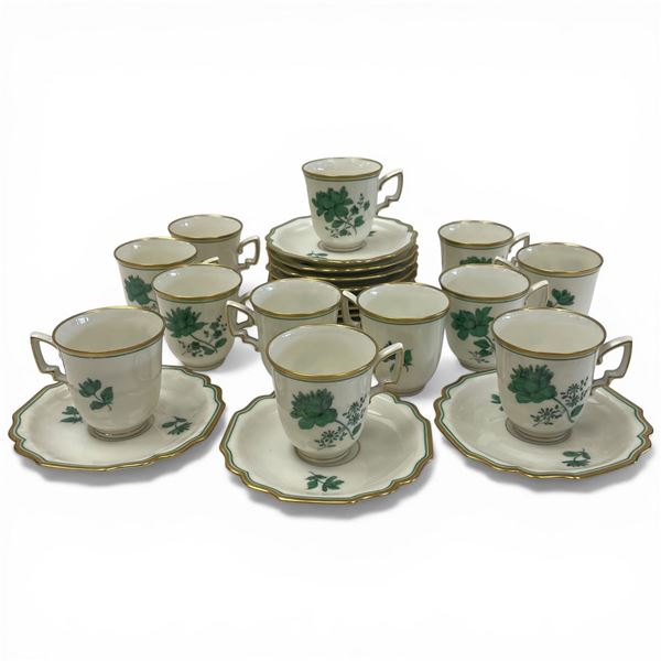 12 Antique Augarten Austria Demitasse Cups with Saucers * Deutsche Blumen green floral pattern with