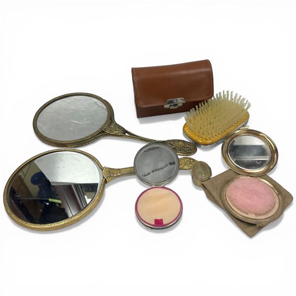 Group of Vintage Dressing Table Items (2 Gold Gilt Hand Mirrors, Chromed Hair Brush with Case, Compa