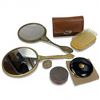 Image 2 : Group of Vintage Dressing Table Items (2 Gold Gilt Hand Mirrors, Chromed Hair Brush with Case, Compa