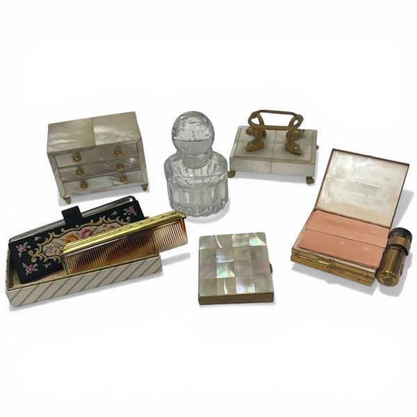 Group of 7 Vanity Table Items * Mother of Pearl Compacts, Balenciaga Perfume Bottle (Empty) Petite P