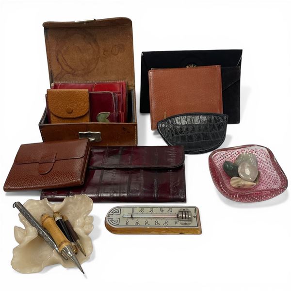 Collection of Vintage Leather & Cloth Purses & Wallets, Vintage Pens, Small Pink Bubble Glass Dish &