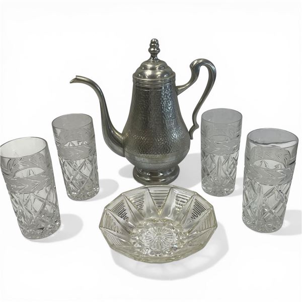 4 Heavy Crystal Tumblers, Glass Dish and Hammered Metal Coffee Pot