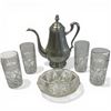 Image 1 : 4 Heavy Crystal Tumblers, Glass Dish and Hammered Metal Coffee Pot