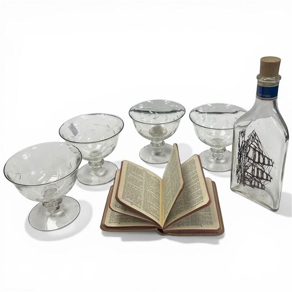 Vintage "Soldiers Bible", 4 Etched Glass Wine Glasses (1 is Chipped), and a Avon Aftershave Bottle