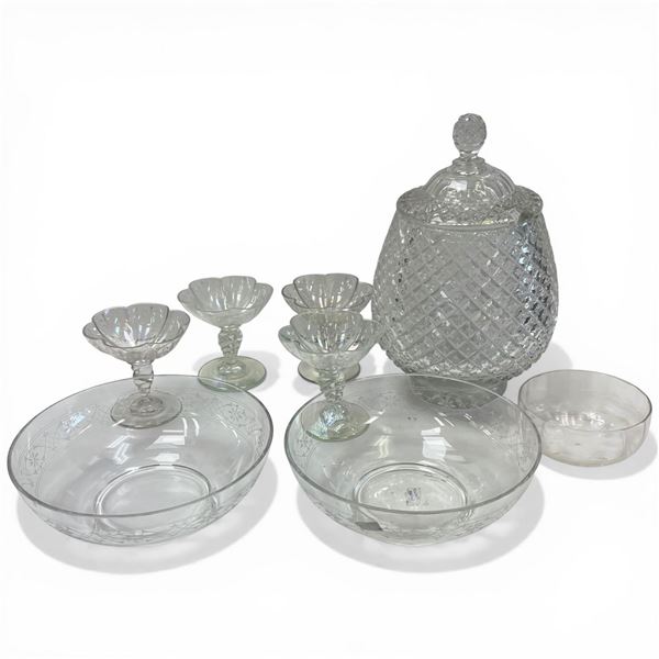 Large Crystal Candy Dish , 4 Crystal Glasses & 2 Bowls (Candy Dish is 12" Tall X 8.5" Diameter)