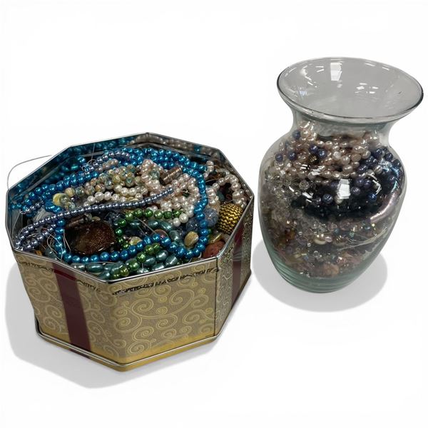 Tin and Vase Full of Beads and Beaded Jewelry