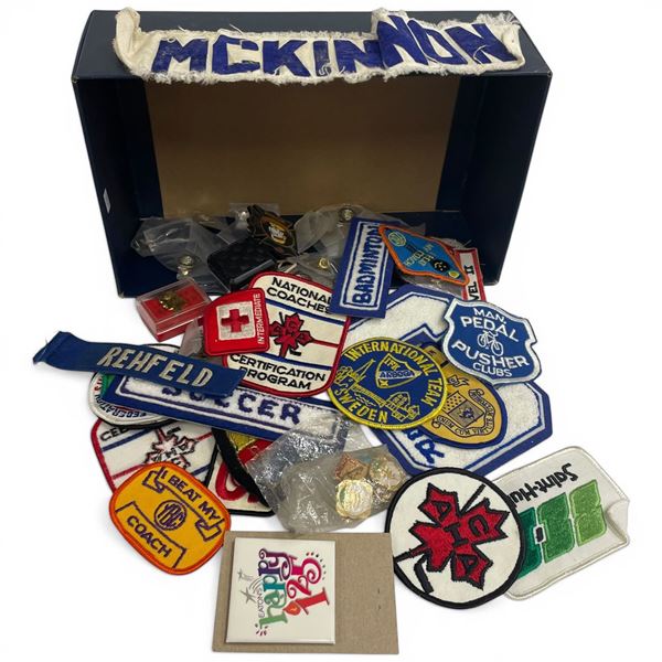 Box of Collectible Sew-on Patches and Lapel Pins