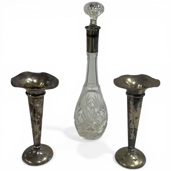 Weighted Silver Bud Vases & 1 Antique Crystal Decanter All with .800 Silver Band (Decanter is