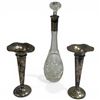 Image 1 : Weighted Silver Bud Vases & 1 Antique Crystal Decanter All with .800 Silver Band (Decanter is