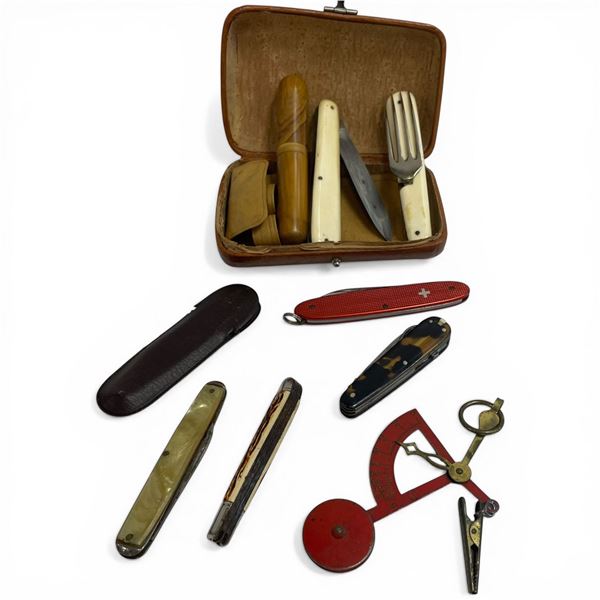 Group of Vintage Pen Knives & Portable Knife & Fork Set in Leather Case