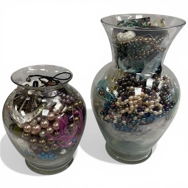 2 Glass Vases Full of Beaded & Other Jewelry (Most appears to be new)