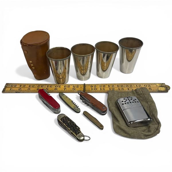 Group of Vintage Collectibles (Jon-E Hand Warmer, 3 Metal Cups in Leather Case, Folding Ruler & Pock