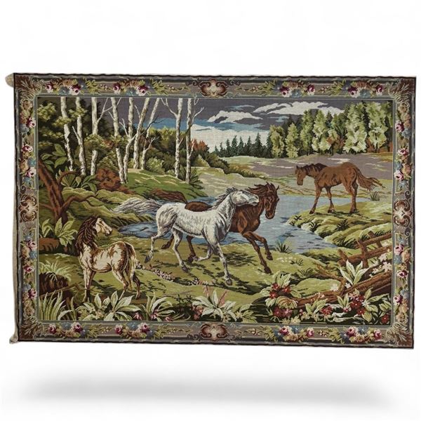 Large Tapestry Landscape with Horses on Wood Frame (67" X 46")