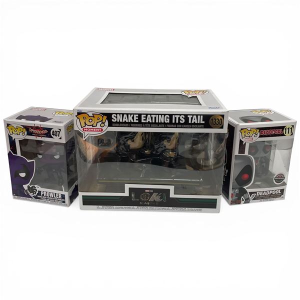 3 Funko Pop Vinyl Bobbleheads in Original Boxes (Spiderman 407 "Prowler", Deadpool 111 "Deadpool", a