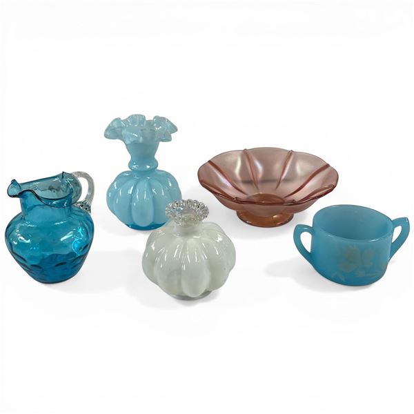 Group of 3 Fenton Glass Vases, Pink Bowl & Blue Loving Cup (Largest is 6" X 5" Diameter Blue Ruffle
