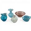 Image 1 : Group of 3 Fenton Glass Vases, Pink Bowl & Blue Loving Cup (Largest is 6" X 5" Diameter Blue Ruffle