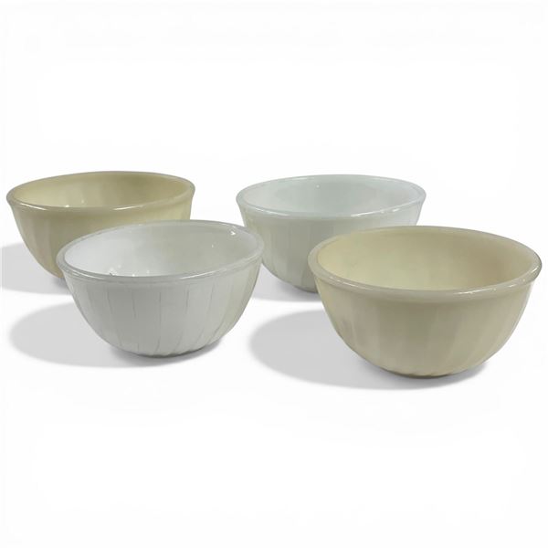 Four 1950s Fire King Swirl Milk Glass Mixing Bowls (Two 6" and Two 7")