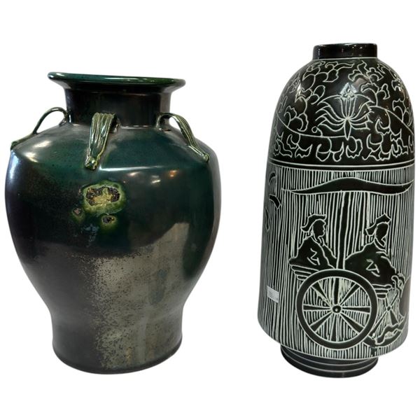 1 Dark Glazed Pottery & 1 Greek Design Black Pottery Vase (Greek design is 13" tall x 7" diameter, t