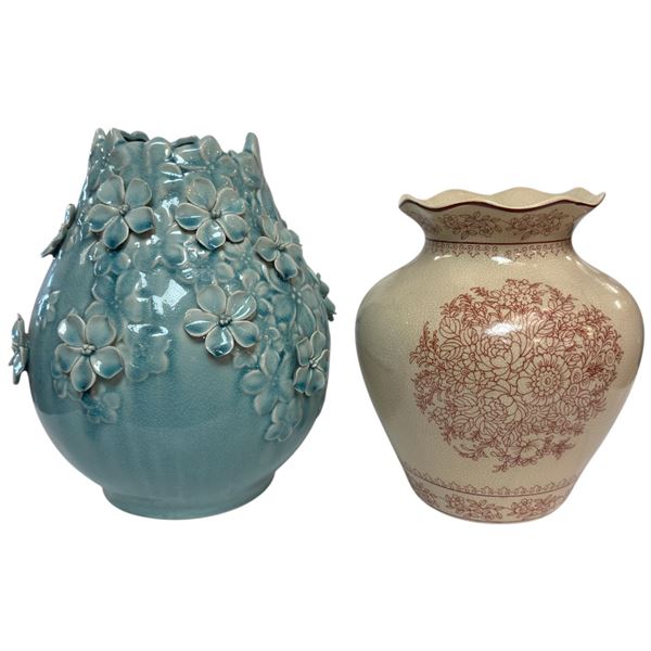Turquoise Vase with Applied 3-D Flowers and 1980s Transferware Vase (Turquoise Vase is 12" Tall x 9"
