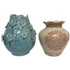 Image 1 : Turquoise Vase with Applied 3-D Flowers and 1980s Transferware Vase (Turquoise Vase is 12" Tall x 9"