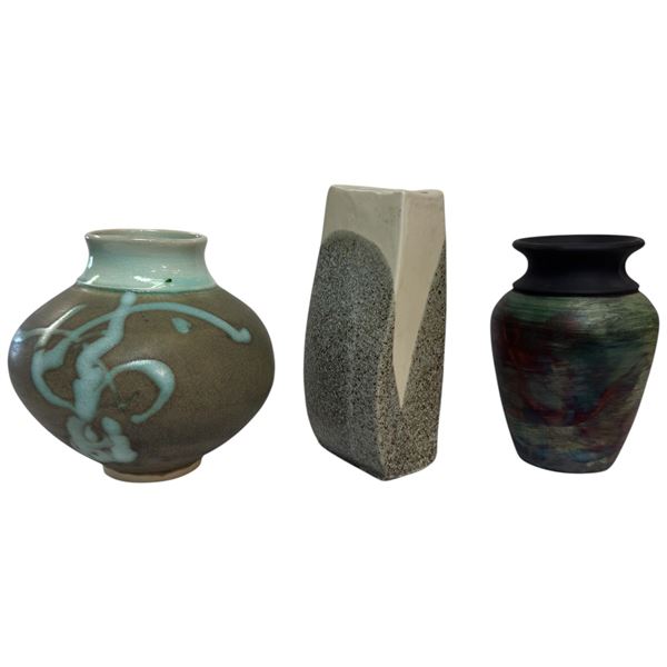 3 Art Pottery Vases * One signed Sue  Hara (tallest is 6")