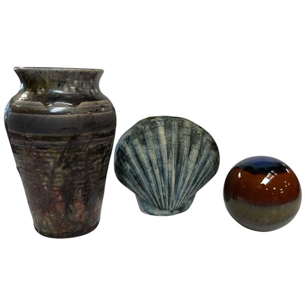 Art Pottery 7" Vase, Carn Pottery Shell and Orb Paperweight