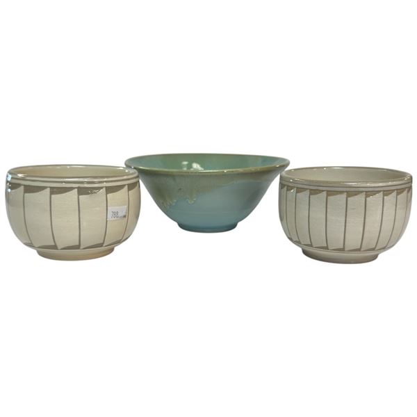 One 8" Diameter and Two 5" Diameter Glazed Ceramic Bowls