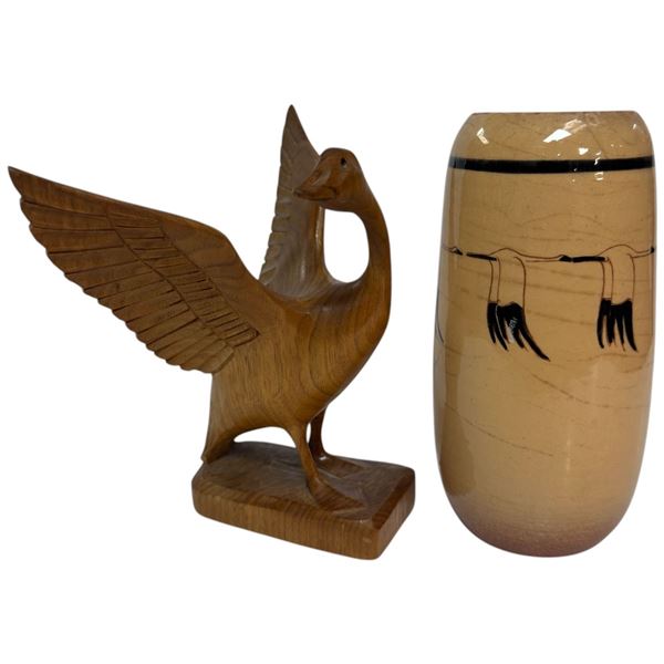 7.5" Athabasca Pottery Vase & 8" Carved Canada Goose (Vase has a chipped rim)