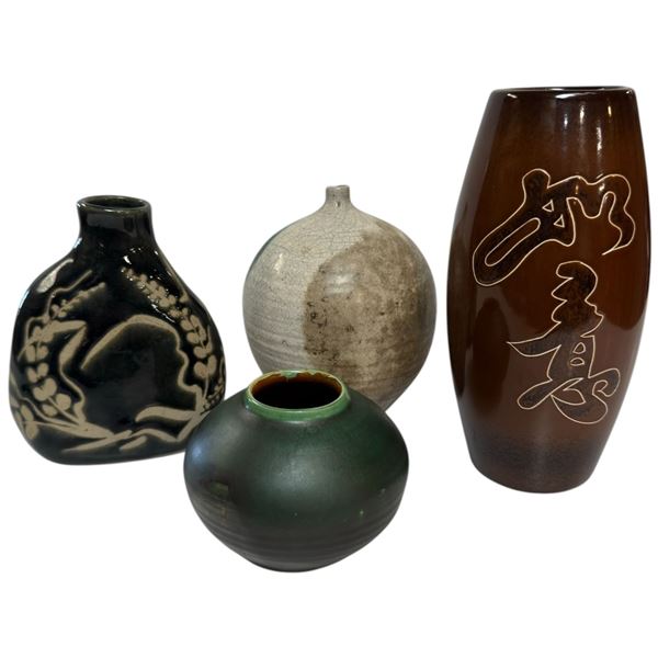 4 Glazed Ceramic & Art Pottery Vases (Largest is 8" tall x 4" diameter)