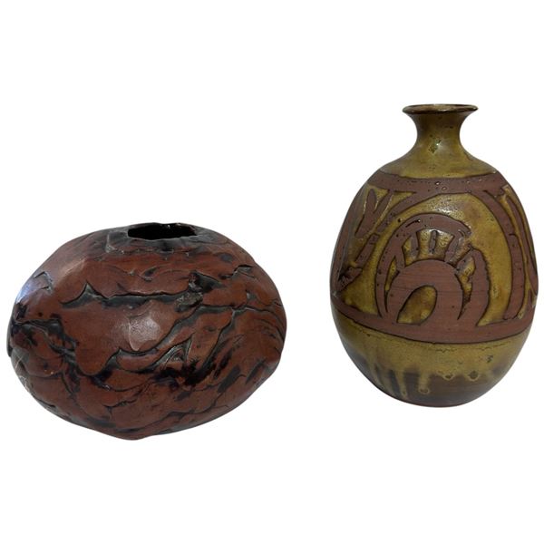 2 Glazed Pottery Art Vases * Featuring KIP Canada Carved and Glazed  6" tall by 8" Diameter