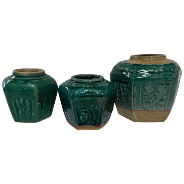 3 Shiwan  Style Green Glazed Pottery Vases  (largest is 5" tall x 6" diameter)