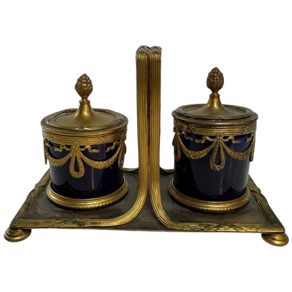 French Napoleon III Style Double Inkwell with Cobalt Glazed Pots in Stand (One Pot is Cracked)