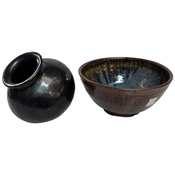 Glazed Art Pottery Bowl and Curved Base Vase (Bowl is signed Des and is 8" diameter and 4" deep)