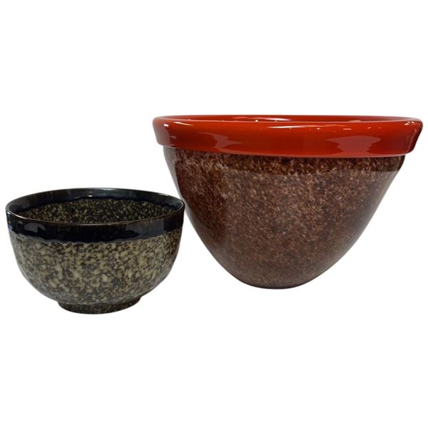 Large Art Glass Bowl with Red Banded Rim & Glazed Ceramic Bowl (Art Glass Bowl is 10" Diameter X 7"