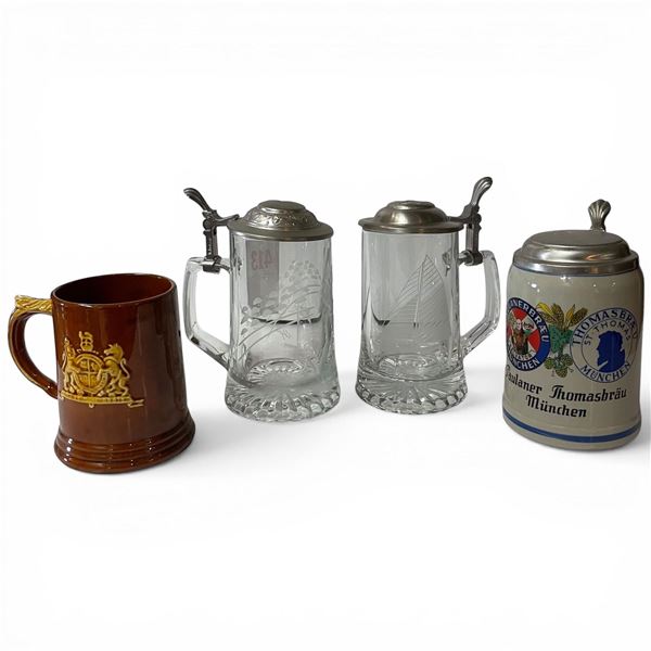 3 Steins & 1 Pottery Tankard (2 of the Steins are Etched Crystal)