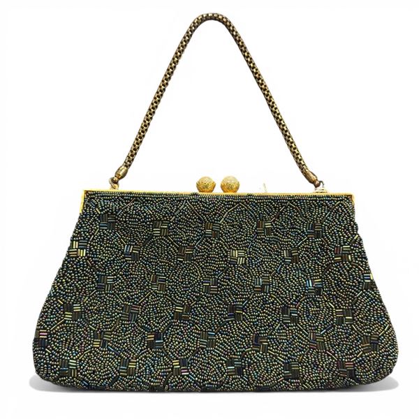 Vintage Beaded Evening Clutch Bag with Round Box Link Chain Handle * All the beads are intact (1" x