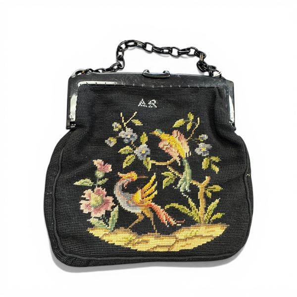 Hand Crafted Needlepoint Purse with Clever Fold Over Clasp and Blue Floral Satin Lining (1.5" x 13"