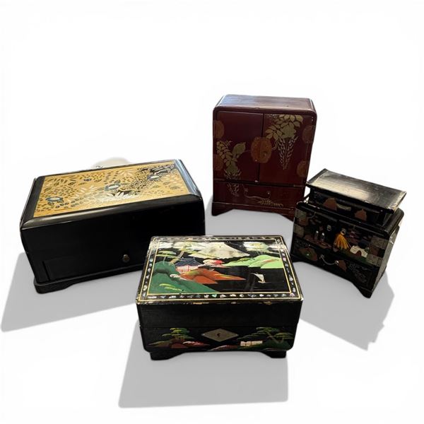 4 Vintage Asian Design Jewelry Boxes and Contents * The musical jewelry box has its original key (La