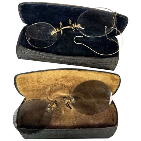 2 Pairs of Antique Pince-nez Reading Glasses in Original Cases * 1 is gold filled and one is gold pl