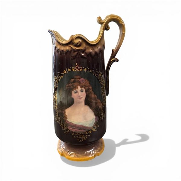 Large Fleur de Lys 14" Tall Portrait Pitcher in the Jungfrau Porzellan Style (Marked Fleur di Lys on