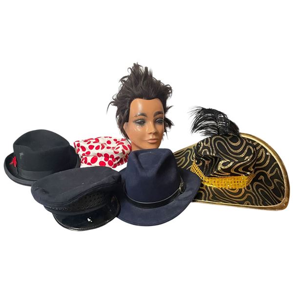 Hairdressers Display Head with a Variety of Hats
