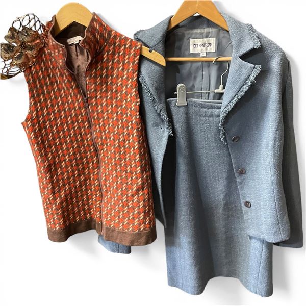 Holt Renfrew Blue Skirt & Jacket (Size 10) and a Vintage Cashmere Vest