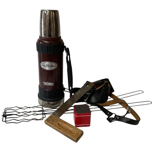 Group Lot of Tim Hortons Thermos, Wood Square, and Campfire Toast Racks