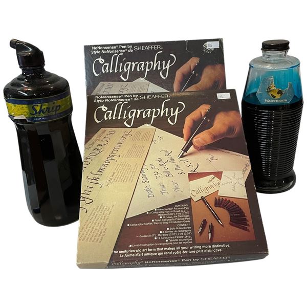 2 Calligraphy Sets & 2 Large Bottles of Blue Waterman Ink
