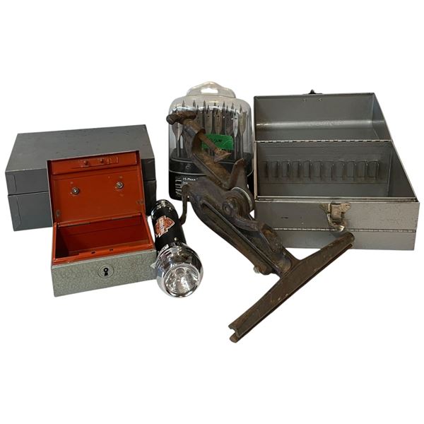 Group lot of Harley Davidson Flashlight, Drill Bits, Tool & Small Metal Boxes (no keys)