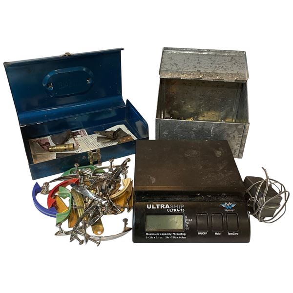 Group of Drawer Pulls, Small Boxes, Shipping Scale and Tools